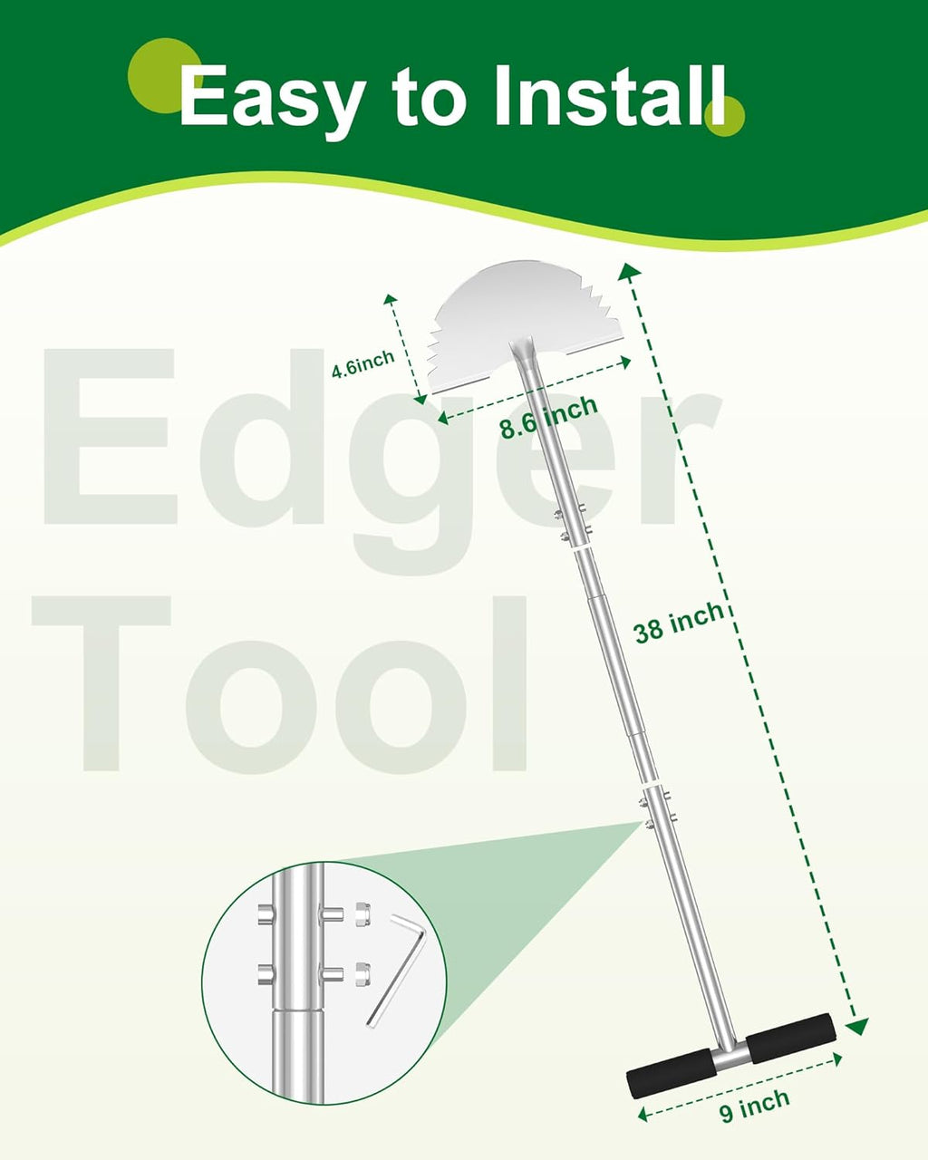 Serrated Edger Lawn Tool - Half Moon Shovel with Softer T-Handle, Lawn Edger for Yard, Garden, Landscaping, Sidewalk, Cable Burial - Ergonomic Design, Rust-Proof, 38 in