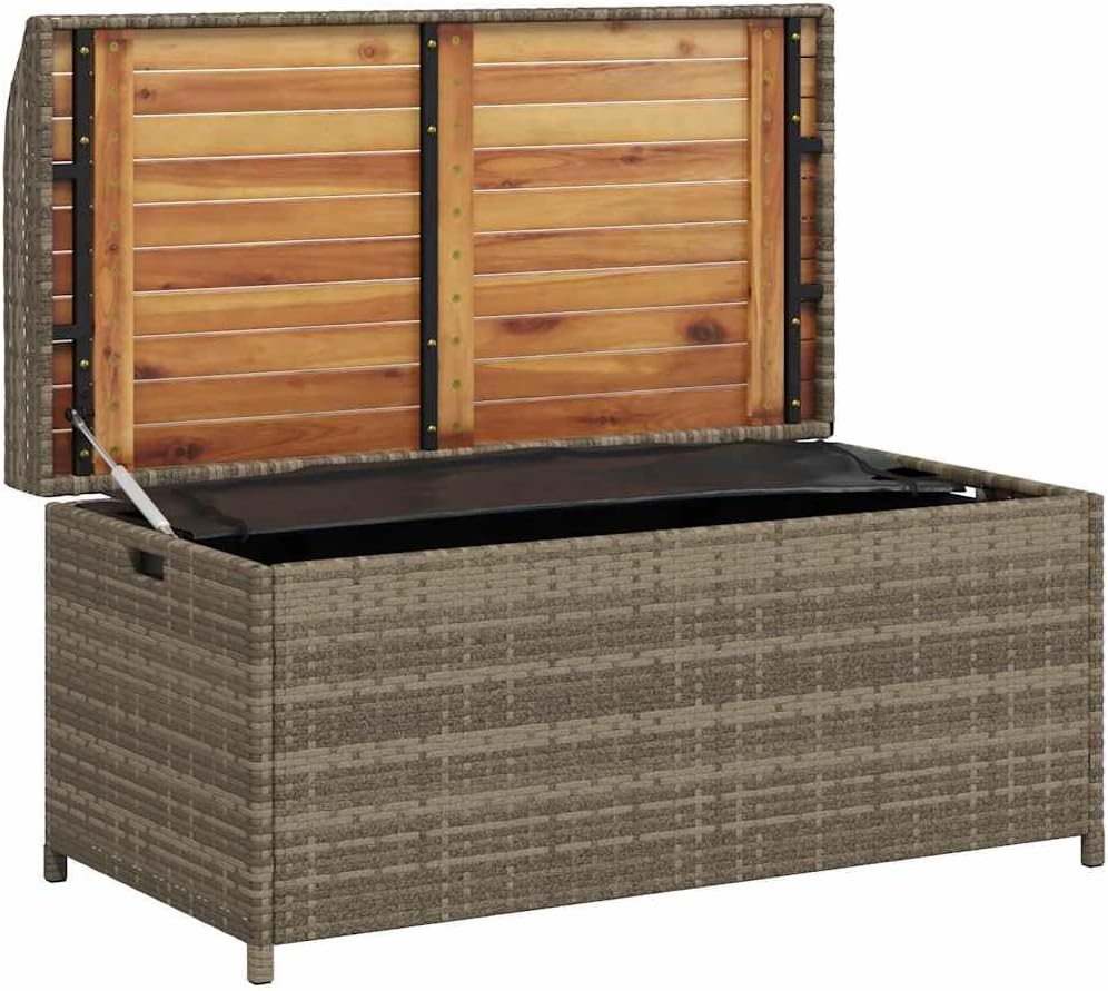 Poly Rattan Storage Bench Gray 39.4x19.7x20.5 Inches, Outdoor Patio Seat with Waterproof Bag, Acacia Wood and PE Rattan Garden Storage Box