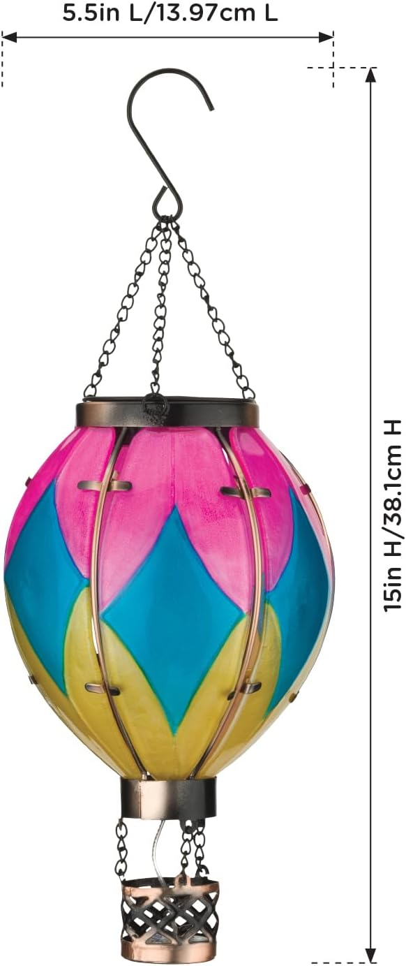Regal Art & Gift Hot Air Balloon Solar Lantern – Hanging Solar-Powered LED Lights, Waterproof Portable Decorative Outdoor Lamp Made of Metal & Glass for Garden, Patios & Pathway – Diamond (Small)