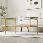 Rectangle Coffee Table for Living Room, Mid-Century Modern Design, L41 x W21 x H17, 2-Tier Structure, Clear Glass Top and White Marble Finish Wood Shelf, Conical Legs with Gold Finish