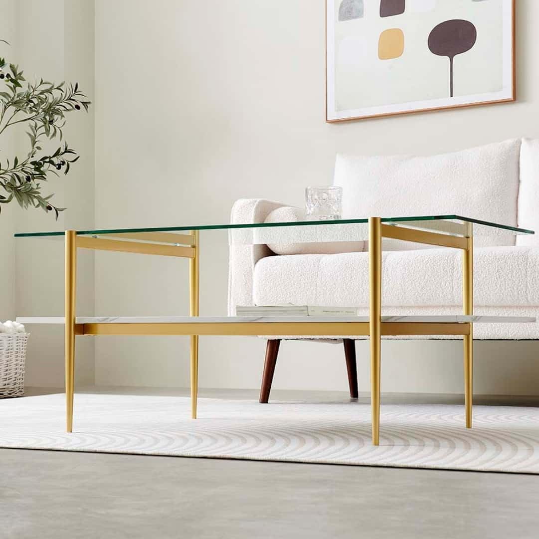 Rectangle Coffee Table for Living Room, Mid-Century Modern Design, L41 x W21 x H17, 2-Tier Structure, Clear Glass Top and White Marble Finish Wood Shelf, Conical Legs with Gold Finish
