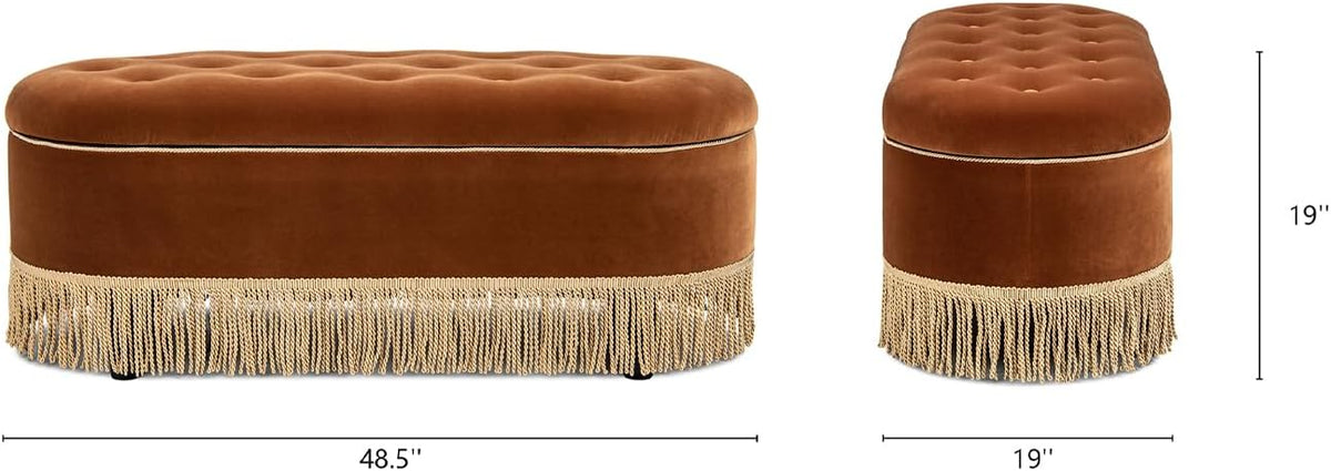 Jennifer Taylor Home 48.5" Oval Tufted Bullion Fringe Storage Bench, Burnt Orange Performance Velvet