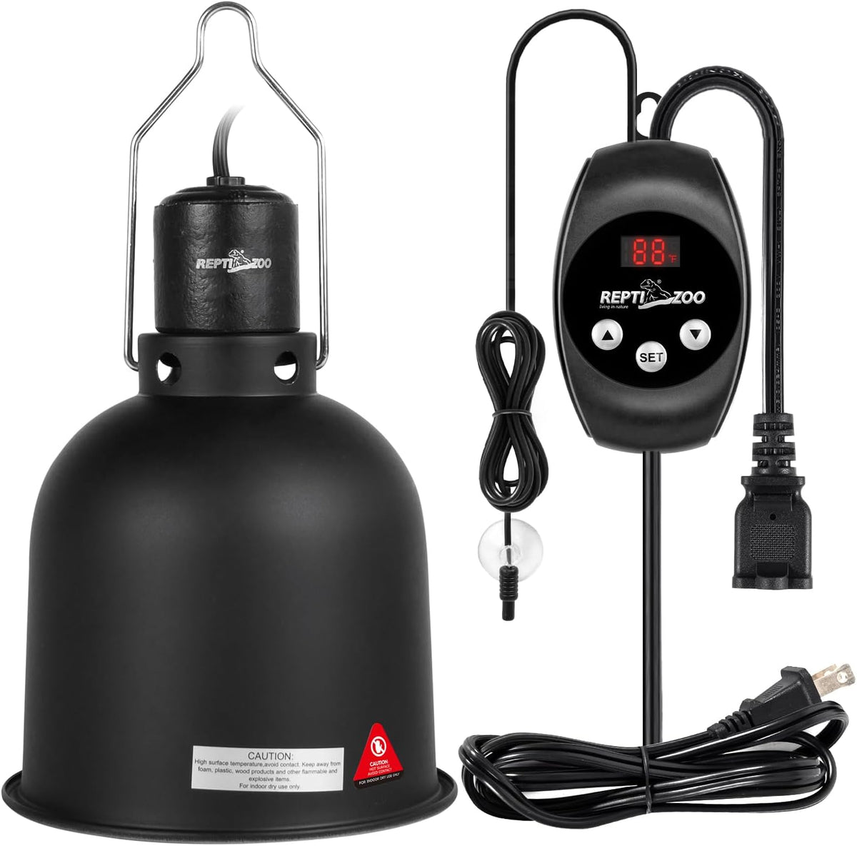 REPTI ZOO Reptile Light Fixture Dimming Thermostat Combo Pack, 5.5 Inch Deep Dome Lamp Fixture Max 100W, PID Reptile Thermostat Temperature Controller for Reptile Heat Lamp Bulb