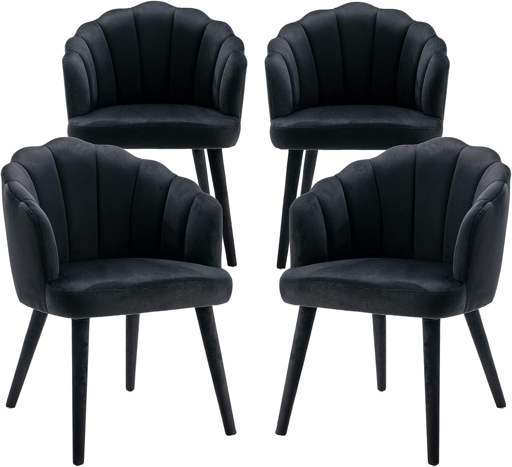 Velvet Dining Chairs Set of 4 Modern Living Room Chairs with Petal Back & Wood Legs Comfy Upholstered Side Chair Accent Chair for Dining Room/Bedroom/Vanity, Black