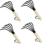 Garden Guru Hand Rake Cultivator Claw Soil Tiller - Military Grade Steel - Rust Resistant - 5 Tine Japanese Ninja Claw - Comfortable Wood Handle - Perfect Pulverized and Aerated Soil (4 Pack)