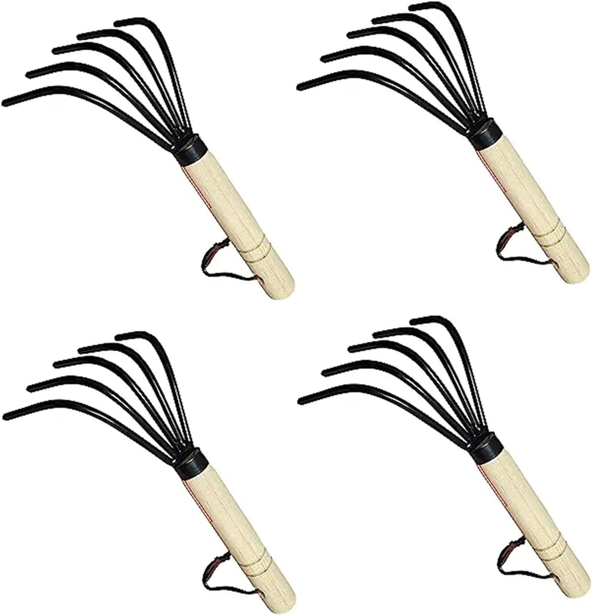 Garden Guru Hand Rake Cultivator Claw Soil Tiller - Military Grade Steel - Rust Resistant - 5 Tine Japanese Ninja Claw - Comfortable Wood Handle - Perfect Pulverized and Aerated Soil (4 Pack)