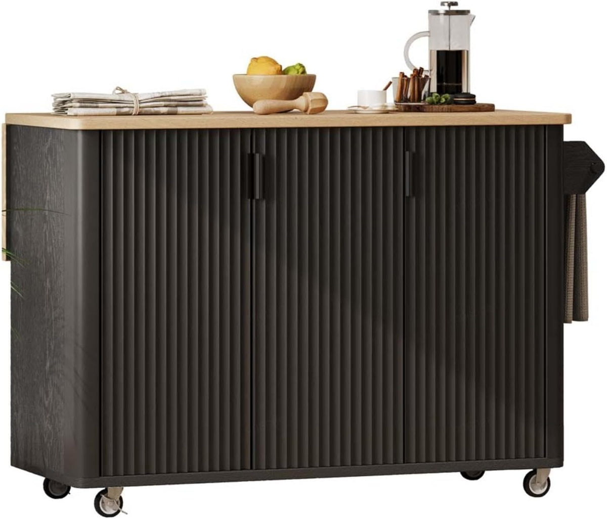 Floating Island Kitchen with Drop Leaf Height-Adjustable Shelves, Island Table for Kitchen with Wheels Towel Rack， for Kitchen, Dining Room, Black