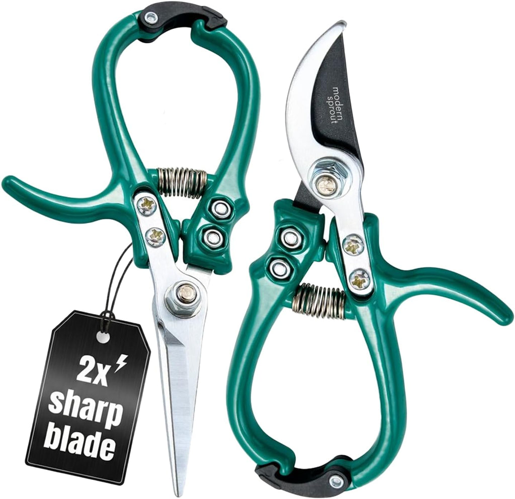 Modern Sprout Hand Pruners & Shears Set with Blister Pack - Lightweight Gardening Tools with Easy Lock - Sharp Carbon Steel Blades -Rust Resistant Scissors for Herbs, Flowers - Ocean