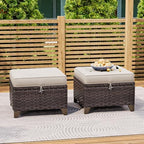 2 Pieces Patio All-Weather Wicker Ottomans with Cushions, PE Rattan Outdoor Conversation Furniture Set for Backyard, Deck, Lawn (Beige)