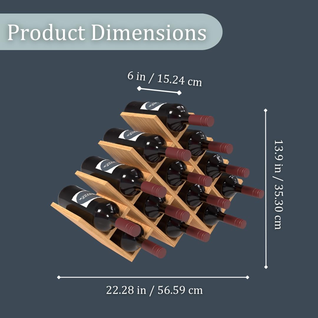 13 Bottle Bamboo Small Wine Rack for Countertop, No Tools Assembly, Modern Lattice Design, Durable, Wine and Liquor Bottle Storage for Small Spaces