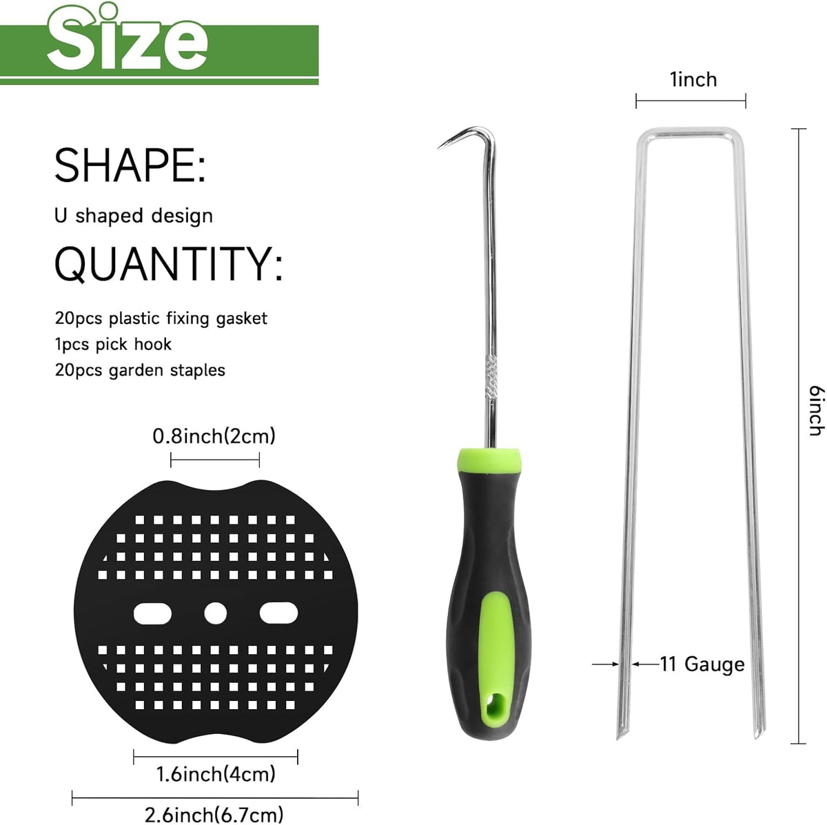 Garden Stakes,6 Inch 11 Gauge 20pcs Galvanized Landscape Staples + 20pcs Gaskets + 1Pick Hook, Tent Stakes Landscaping Fabric SOD Pins for Weed Fabric Barrier,Groud Cover,Fence