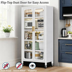 65" Kitchen Pantry Storage Cabinet - Metal 6-Tier Cabinet Transparent Doors with Wheels & Adjustable Shelves for Living Dining Room (White)