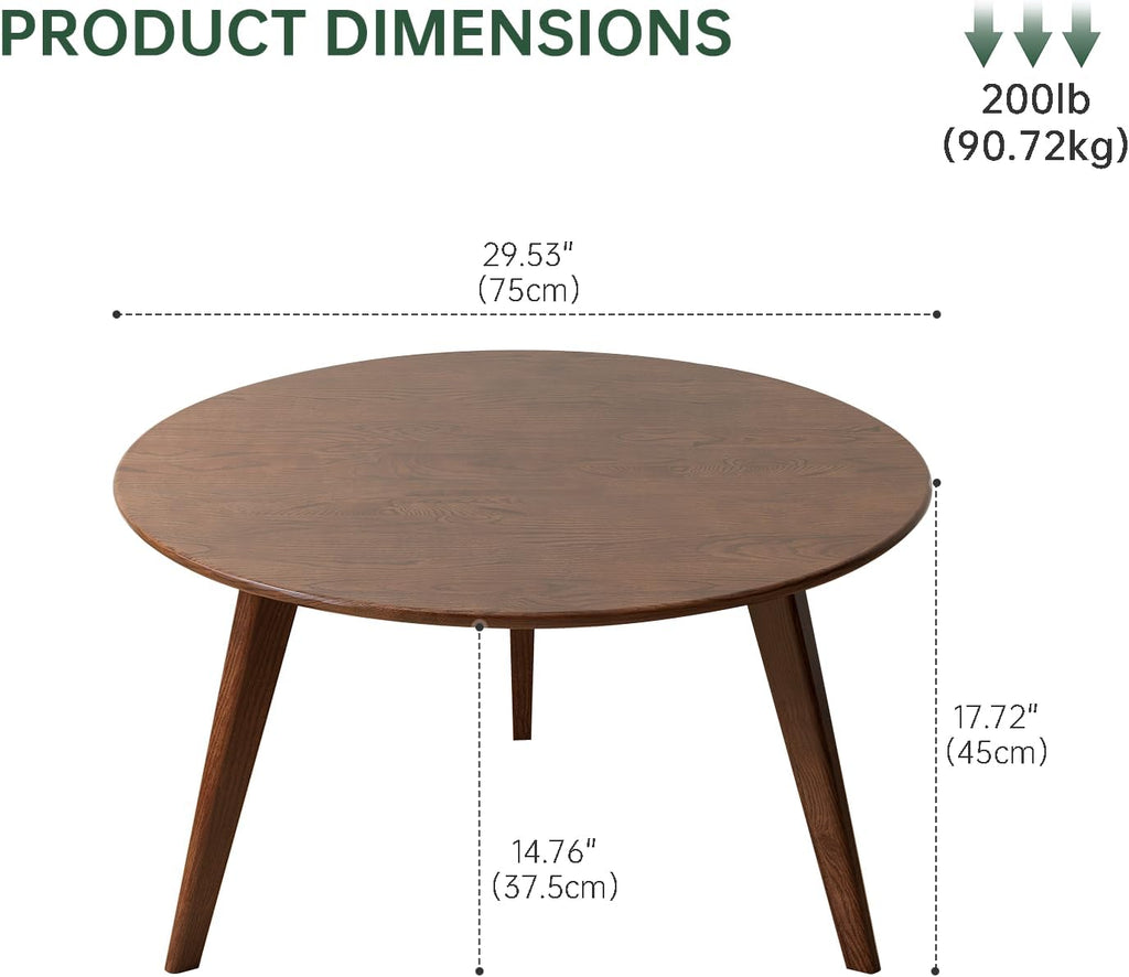 100% Solid Oak Wood Mini Coffee Table, Round Side Table w/Solid Wood Legs, Walnut Mid Century Coffee Table w/Sturdy Frame for Bedroom Balcony Living Room (29.53" D x 17.72" H)