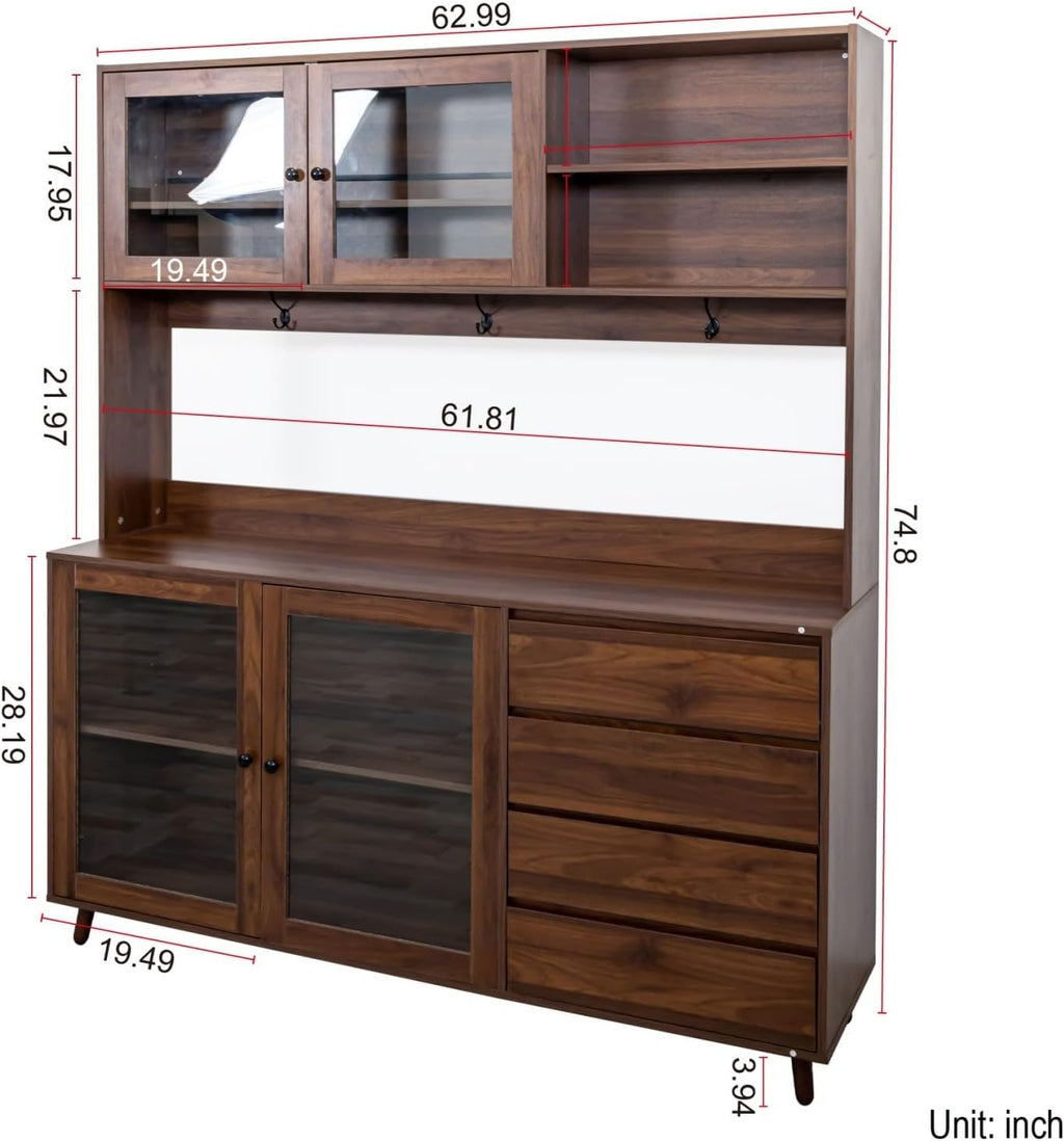 KEIKI 75" H x 63" W Kitchen Pantry Storage Cabinet with Countertop, Glass Doors, Drawers, Microwave Stand and Shelves, Tall Freestanding Wood Hutch Food Pantries Cupboard for Coffee Bar, Dining Room