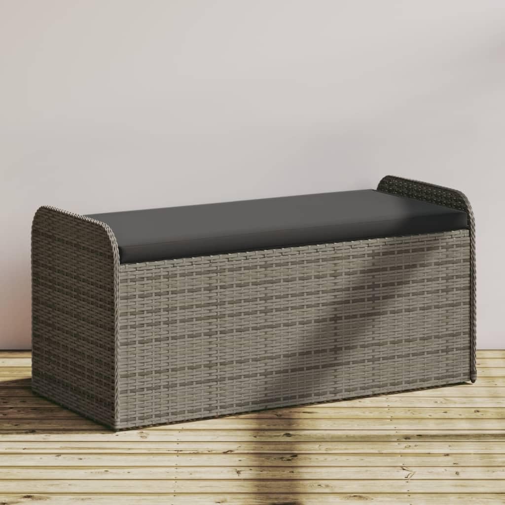 Outdoor Storage Bench with Cushion 45.3 Inch Grey Poly Rattan Patio Furniture Box Seat with Gas Spring Lid for Garden Pool Supplies