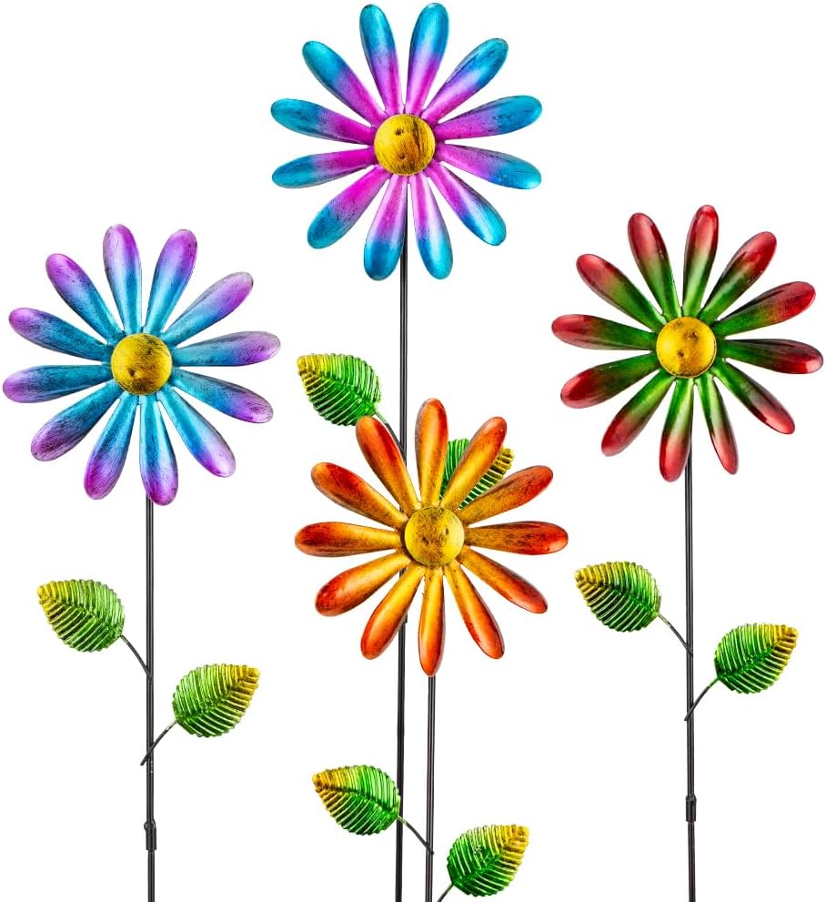 DREAMYSOUL 4 Packs Metal Flowers Wind Spinners Outdoor, Pinwheel Decorative Garden Stakes, Metal Small Wind Spinner for Yard and Garden Decor