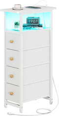Yoobure LED Narrow Nightstand with Charging Station - Slim Dresser for Bedroom Narrow Side Table Storage Cabinet, Small Dressers Chest of Drawers, Tall Night Stand End Table for Small Spaces, White