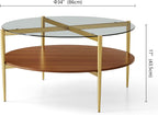 Extra Large Round Coffee Table, Mid-Century Modern Design, D34 x H17 in, for Living Room, 2-Tier Structure, Clear Glass Top and Walnut MDF Shelf, Sleek Conical Metal Legs with Gold Finish