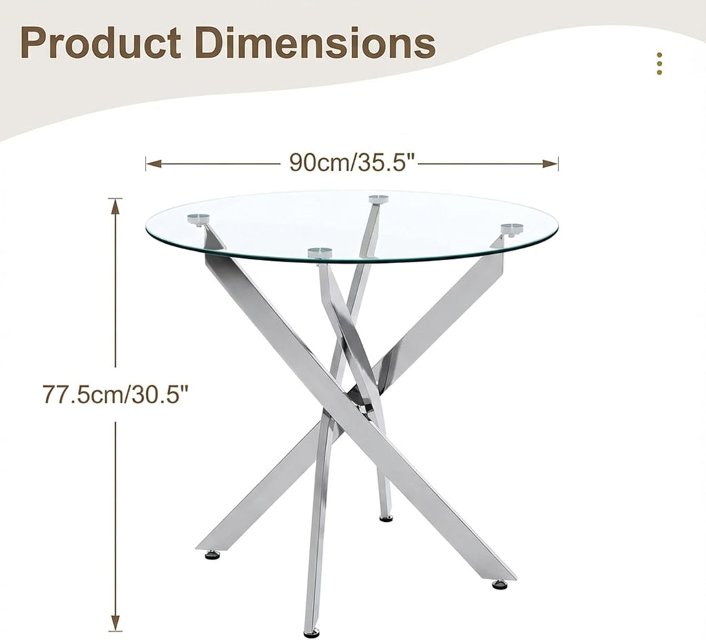 Round Glass Dining Table Set for 4, Modern Kitchen Table Chairs Set of 4, 35" Circle Glass Dinner Table with Silver Metal Legs, 4 White Pu Leather Chairs, 5 Piece Dining Set for Small Space Apartment