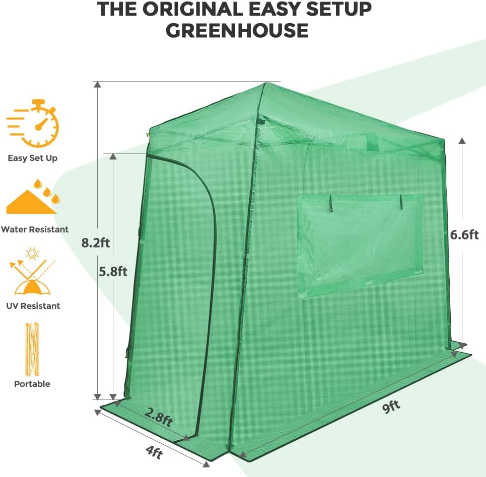 EAGLE PEAK Instant Pop-up Greenhouse, Indoor Outdoor Plant Gardening Green House, Roll-Up Zipper Doors and Side Windows, Lean-to 9x4 ft, PE Cover, Green/Clear