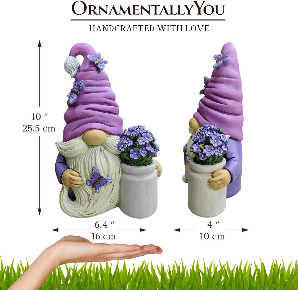 OrnamentallyYou Garden Grace Lavender Gnome Figurine, 10" Purple Home Decor Statue with Butterflies and Flowers