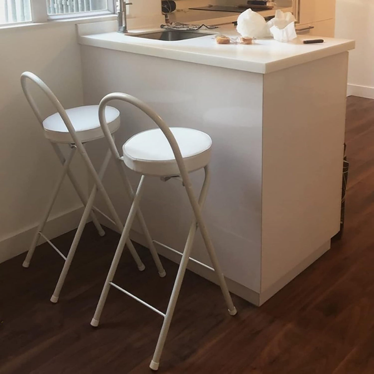 QQXX Folding Bar Stool with Footrest,Leather Padded Folding Kitchen Stool,Portable Counter Height Foldable Stool Tall Bar Stools for Outdoor Kitchen Shop Cafe(2 Pc, White Seat Height 27.5")