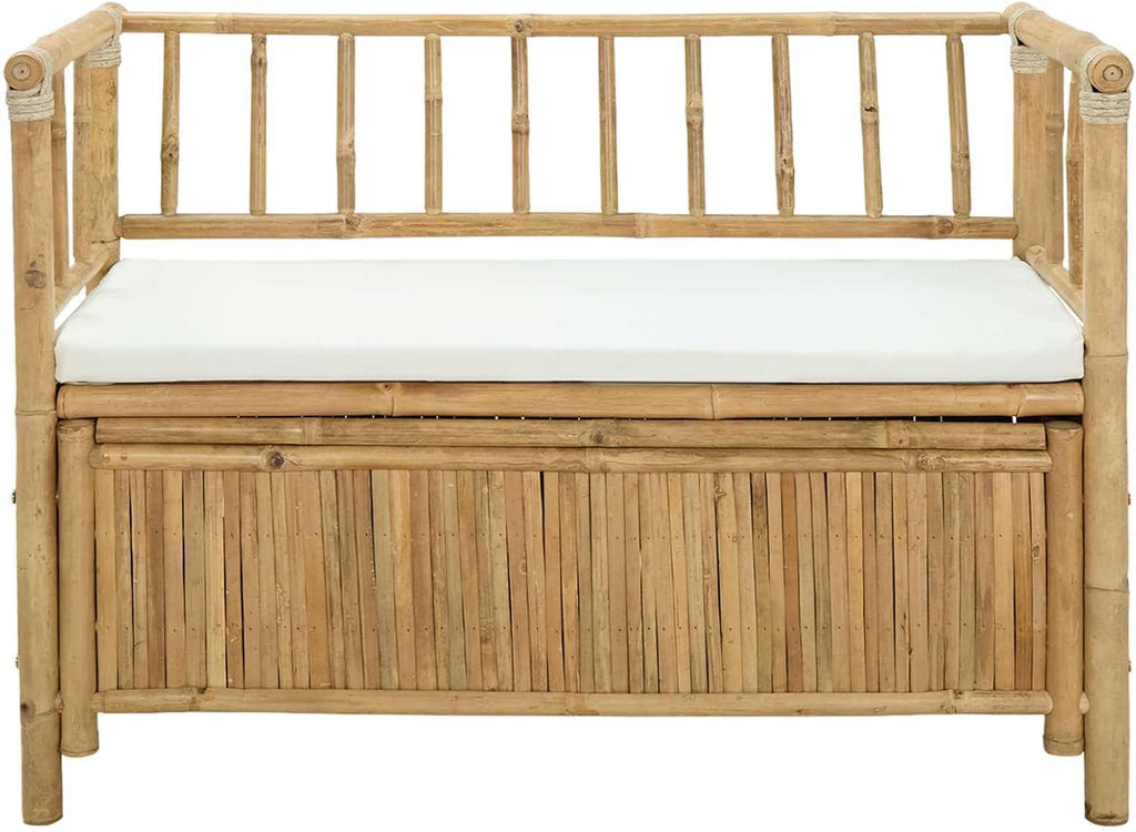 Bamboo Garden Storage Bench 110 x 47 x 80 cm, Outdoor Storage Bench with Hidden Compartment, Post Leg Design for Patio, Natural Finish