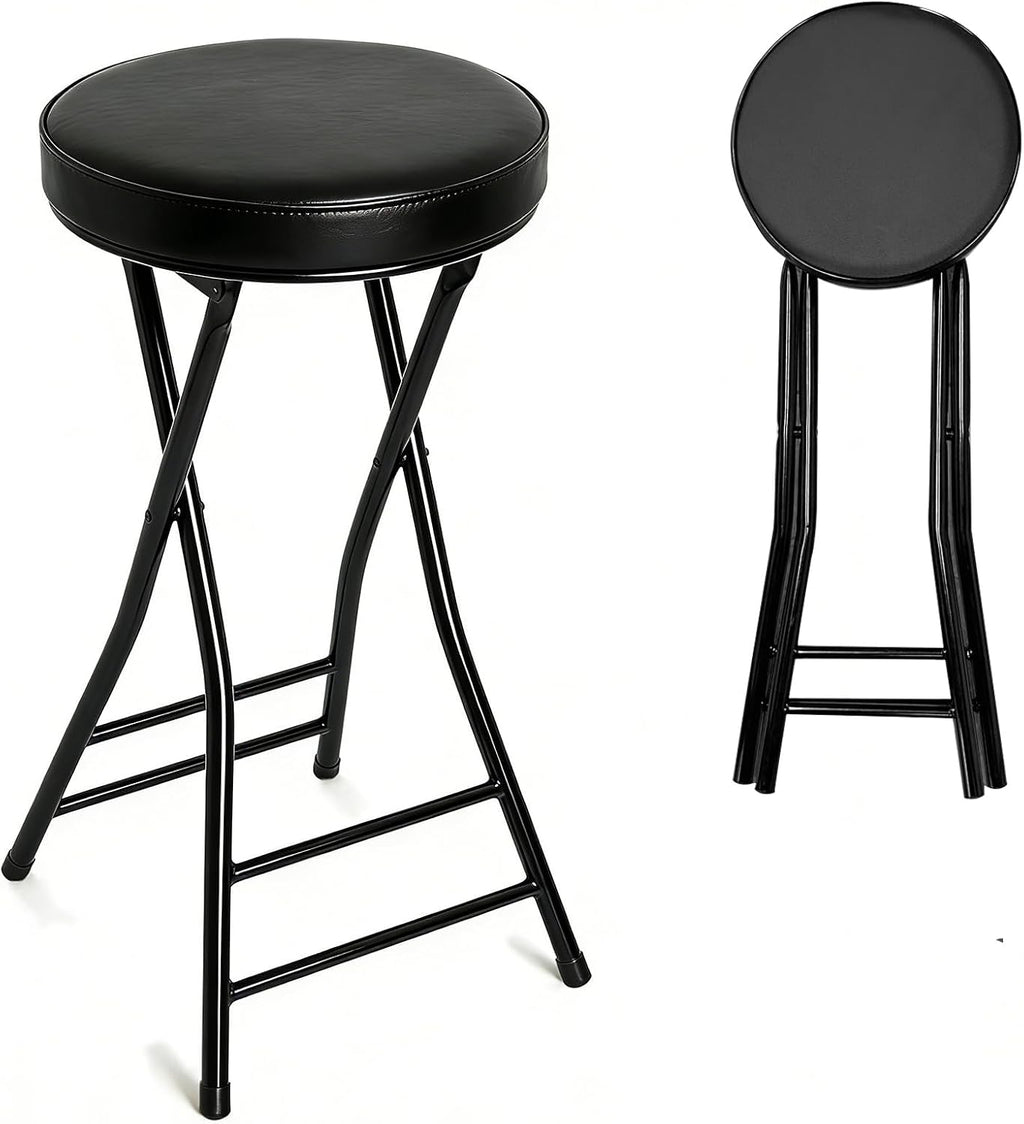 Folding Bar Stool,24 Inch Tall Foldable Stool Chair,Counter Height Cushioned Leather Padded Portable Stools,Heavy Duty Collapsible Stools for Kitchen Island Garden Camping Brown