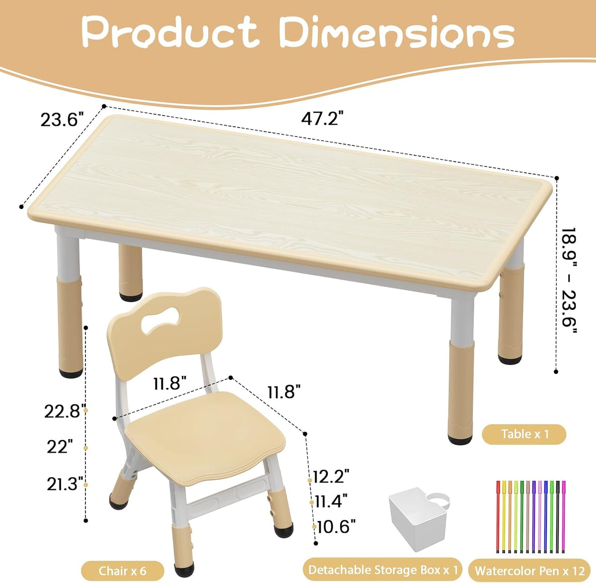 OUTLANE Kids Table and 6 Chairs Set, 47.2"X23.6" Activity Table with Anti-Slip Pads, Wooden Toddler Table and Chair Set with Storage Box, Art Craft Desk for Home Classroom Daycare, 12 Color Pens