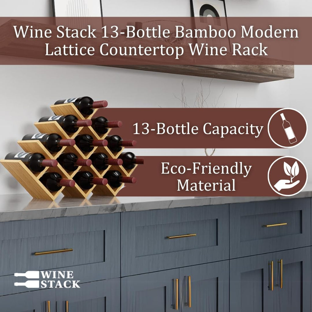 13 Bottle Bamboo Small Wine Rack for Countertop, No Tools Assembly, Modern Lattice Design, Durable, Wine and Liquor Bottle Storage for Small Spaces