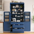 Merax 77''Tall Freestanding Kitchen Pantry,Farmhouse Tall Storage Cabinet with 2 Standard Plugs and 2 USB Ports,Wood Food Pantry with Adjustable Shelves,Door Shelves, Drawers and Wine Racks,Blue
