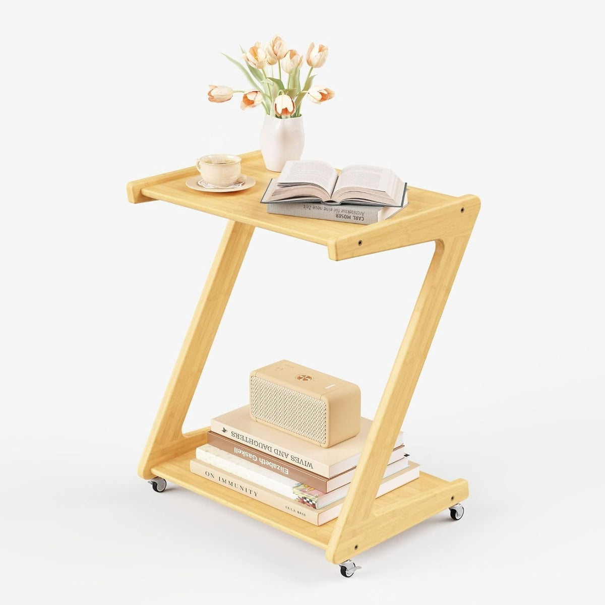 Auroral Zone Solid Wood Rolling Side Table with 2 Tiers, Mobile Z-Frame Snack Cart Or Coffee Table for Living Room, Bedroom & Sofa Use, Easy to Move