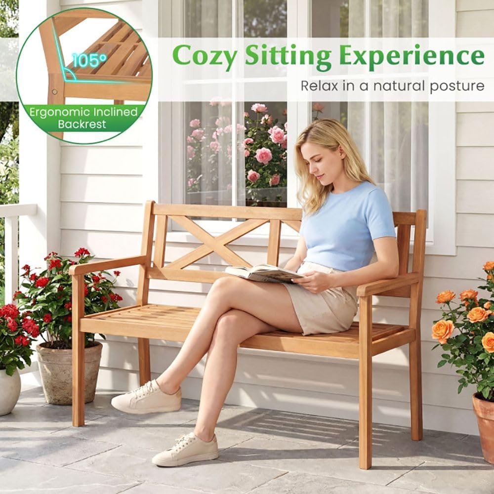 Acacia Wood 2-Person Porch Chair Armrests Backrest 44in Seat Width 800lb Capacity Poolside