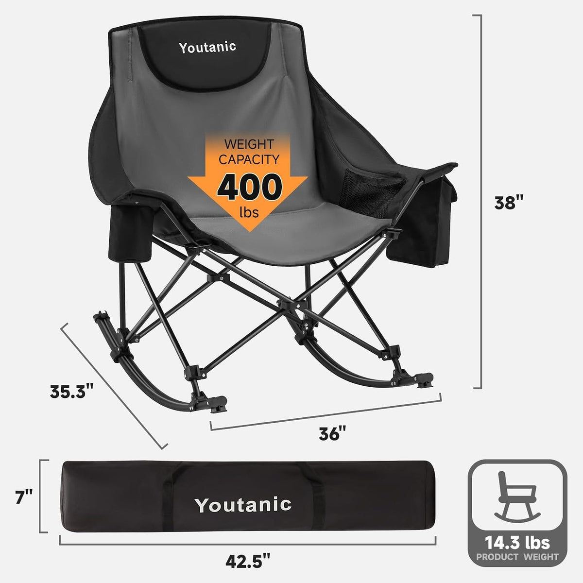 Youtanic Oversized Folding Rocking Camping Chair, Padded Portable Rocking Chair with Pockets, Cup Holder and Carry Bag, Heavy Duty Outdoor Rocker Patio Chair for Garden, Lawn, Yard, Up to 400lbs, Gray