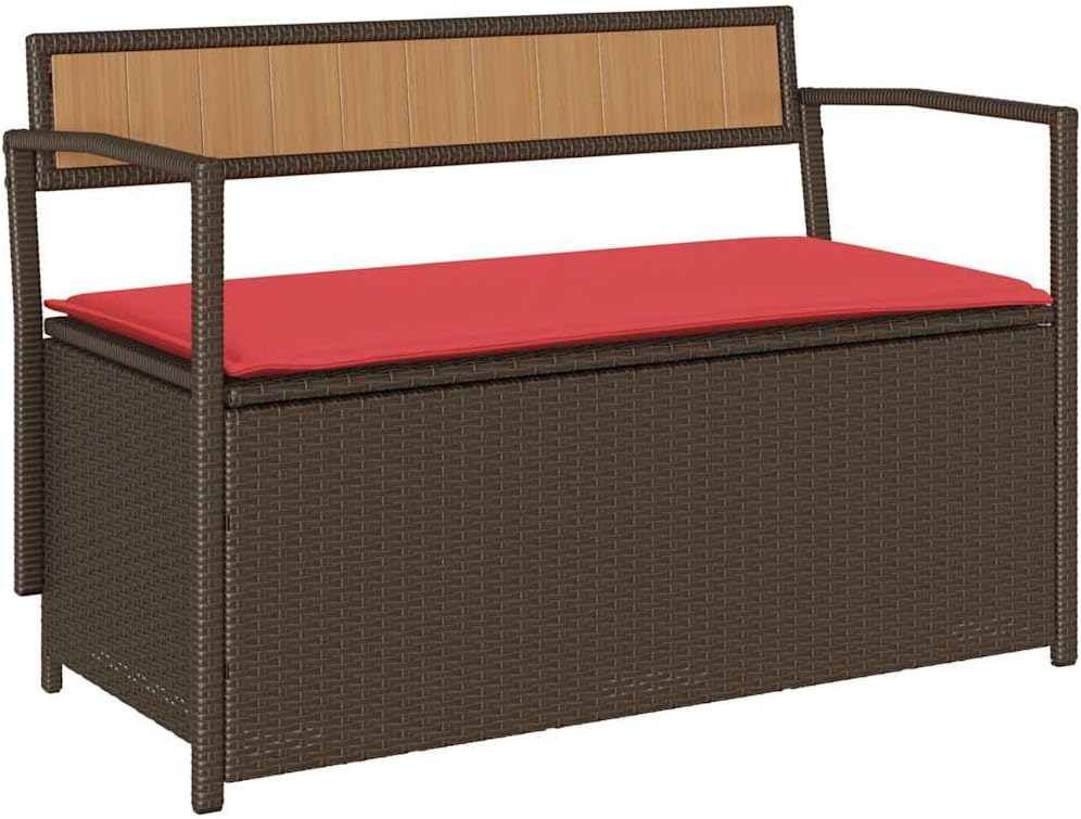 Brown Poly Rattan Patio Storage Bench with Cushion, Outdoor Seat with Waterproof Storage Bag and Gas Spring Lid