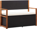 Poly Rattan Patio Storage Bench 45.3 Inch with Solid Acacia Wood Armrests, Removable Seat Cushion, Large Storage Space for Outdoor Garden
