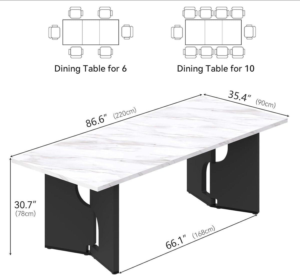 86.6" Modern Dining Table for 6-10 People,Long Kitchen Tables with Wooden Black V Shaped Frame Legs,Rectangular Dinner Table with Imitation Marble Tabletop for Kitchen, Dining Room（Only Table