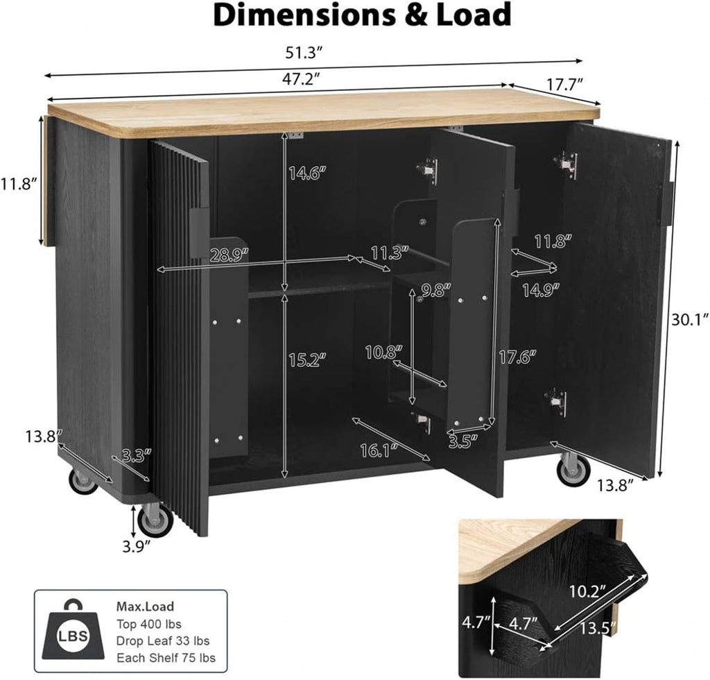 Isla para Cocina with Drop Leaf with Storage and Dining Table, Island for Kitchen with Wheels Towel Rack， for Kitchen, Dining Room, Black