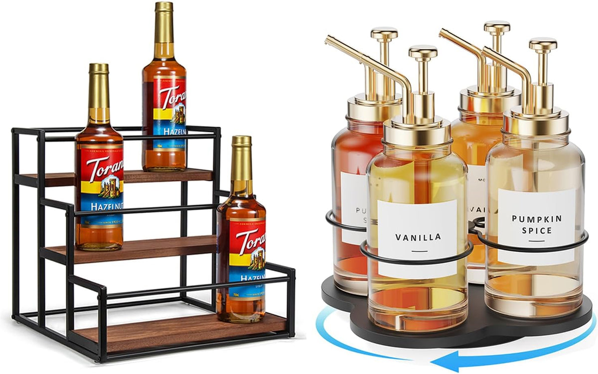 THYGIFTREE 3-Tier Coffee Syrup Organizer for 12 Bottles,Rotating Coffee Syrup Rack for 4 Bottles for Coffee Bar Station, Black
