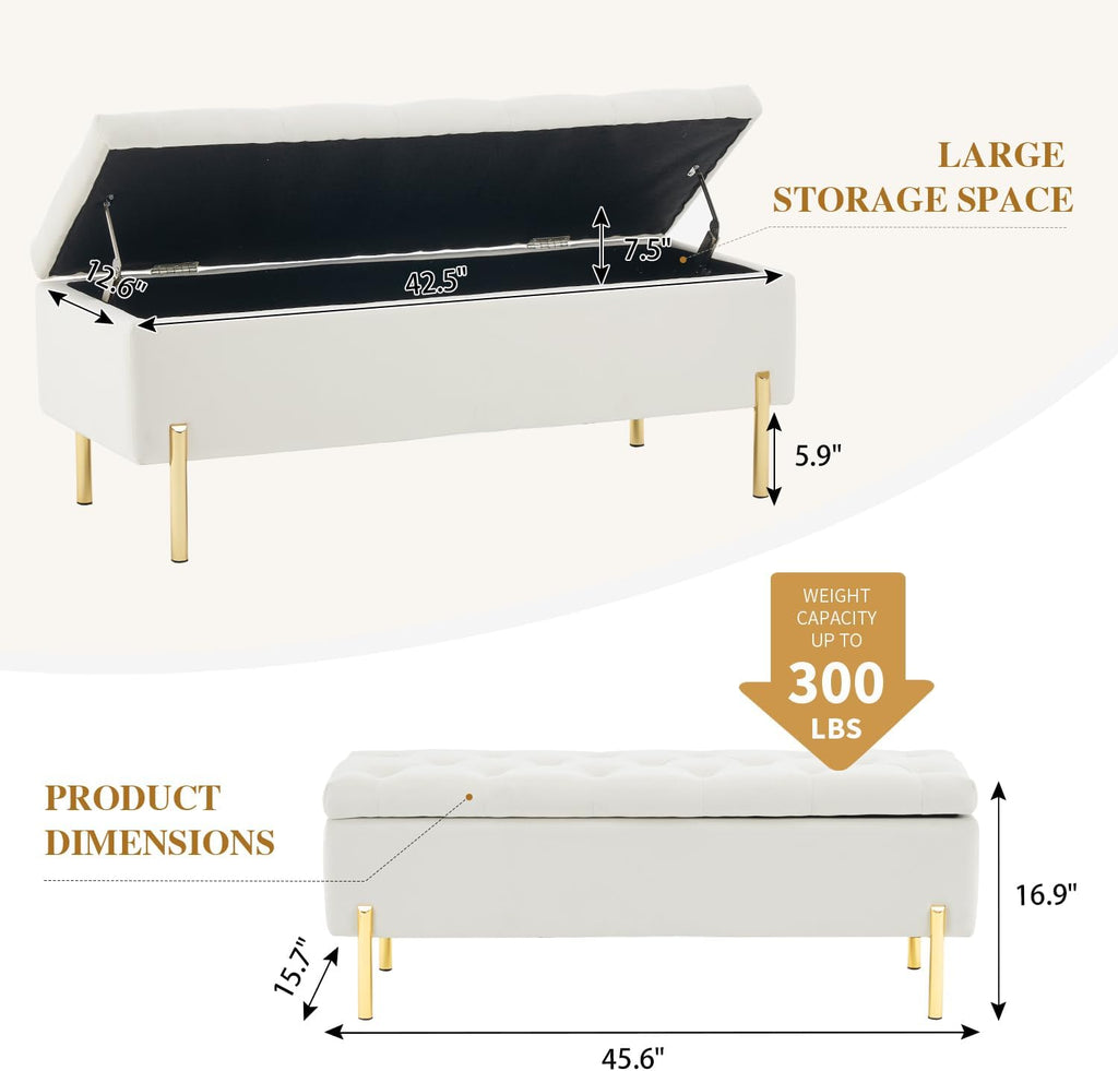 Velvet Storage Bench Ottoman,Versatile Seating with Hidden Storage,End of Bed Bench,Tufted Bench for Bedroom,Living Room,Entryway,Ivory