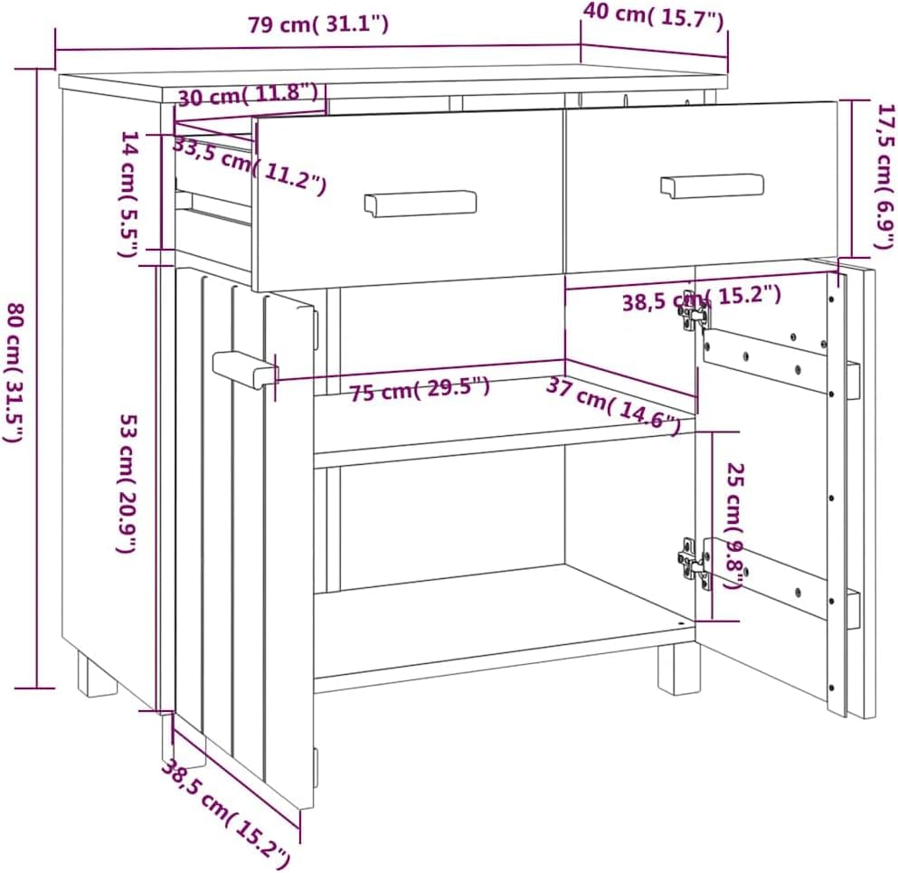 White Sideboard Buffet Cabinet, Solid Pine Wood Storage Credenza with Doors and Drawers, Modern Accent Cupboard Console for Dining Living Room, 31.1 x 15.7 x 31.5 in