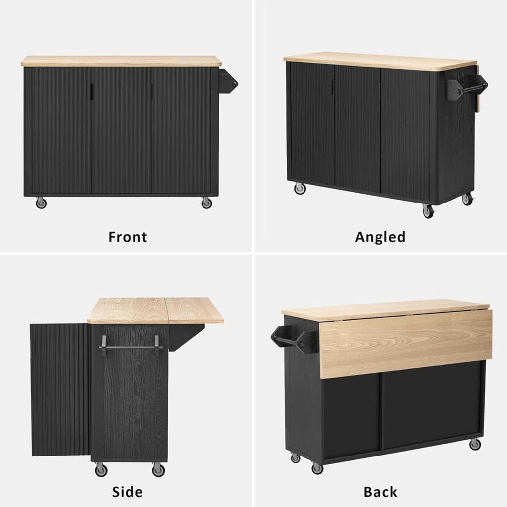 Movable Kitchen Island with Drop Leaf Height-Adjustable Shelves, Kitchen Islands with Storage Cabinets with Wheels Towel Rack， for Kitchen, Dining Room, Black
