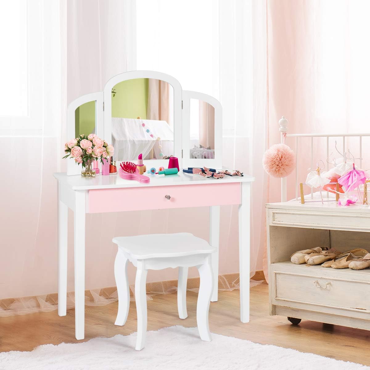 Costzon Kids Vanity, Girls Vanity Set with Tri-Folding Mirror, Stool, Storage Drawer, Princess Toddler Makeup Vanity Desk Dressing Table, Wooden Kids Vanity Table and Chair Set (White)