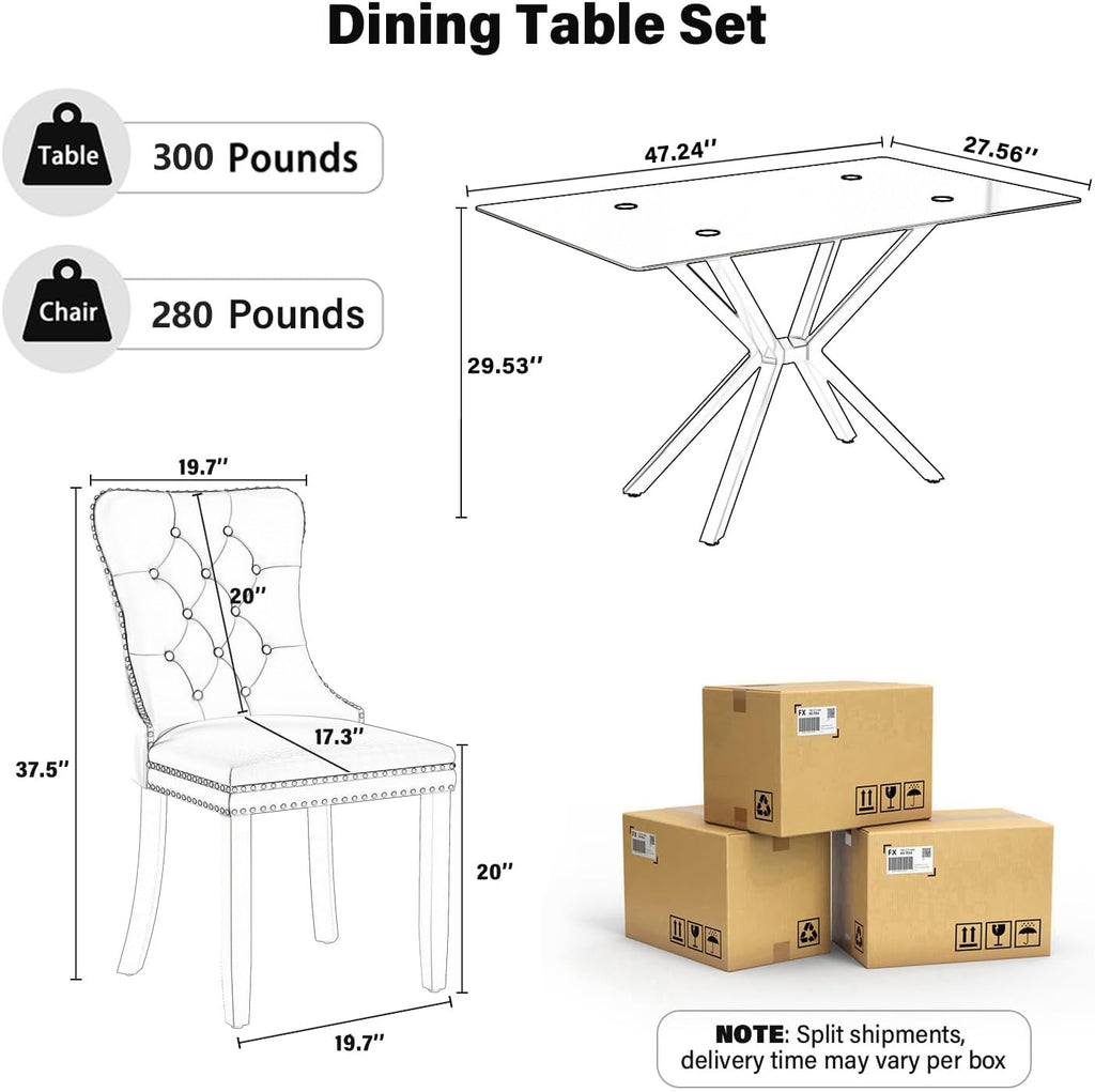 5 Pieces Modern Luxury Glass Dining Set, Minimalist Rectangle Dinner Room Set for 4, 47'' Black Glass Top Kitchen Table Set with Black Tufted Chairs, for Small Apartment Home