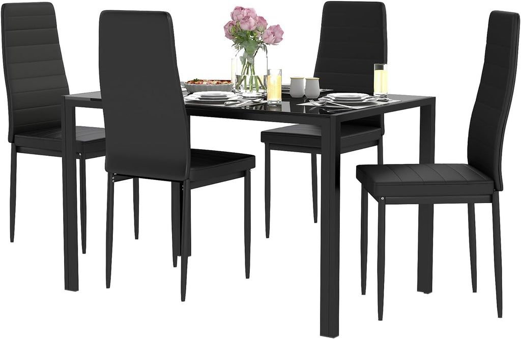 FDW | Dining Table Set for 4 | 5-Piece Glass Black Dining Table | Kitchen Table with 4 Upholstered Chairs and Faux Leather Cushions | Space-Saving and Modern Design | for Dining Room, Easy to Assemble