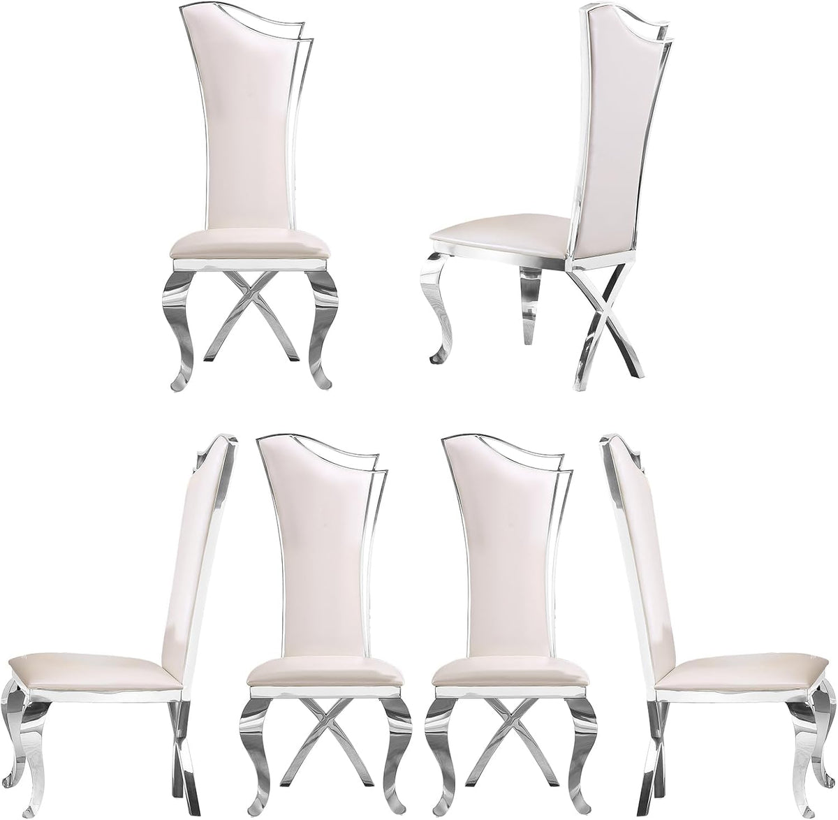 ACEDÉCOR Dining Chairs, White Faux Leather Dining Chairs Set of 6, Gorgeous Streamlined High Back Chair with Silver Mirror Curved and X-Shaped Stainless Steel Legs