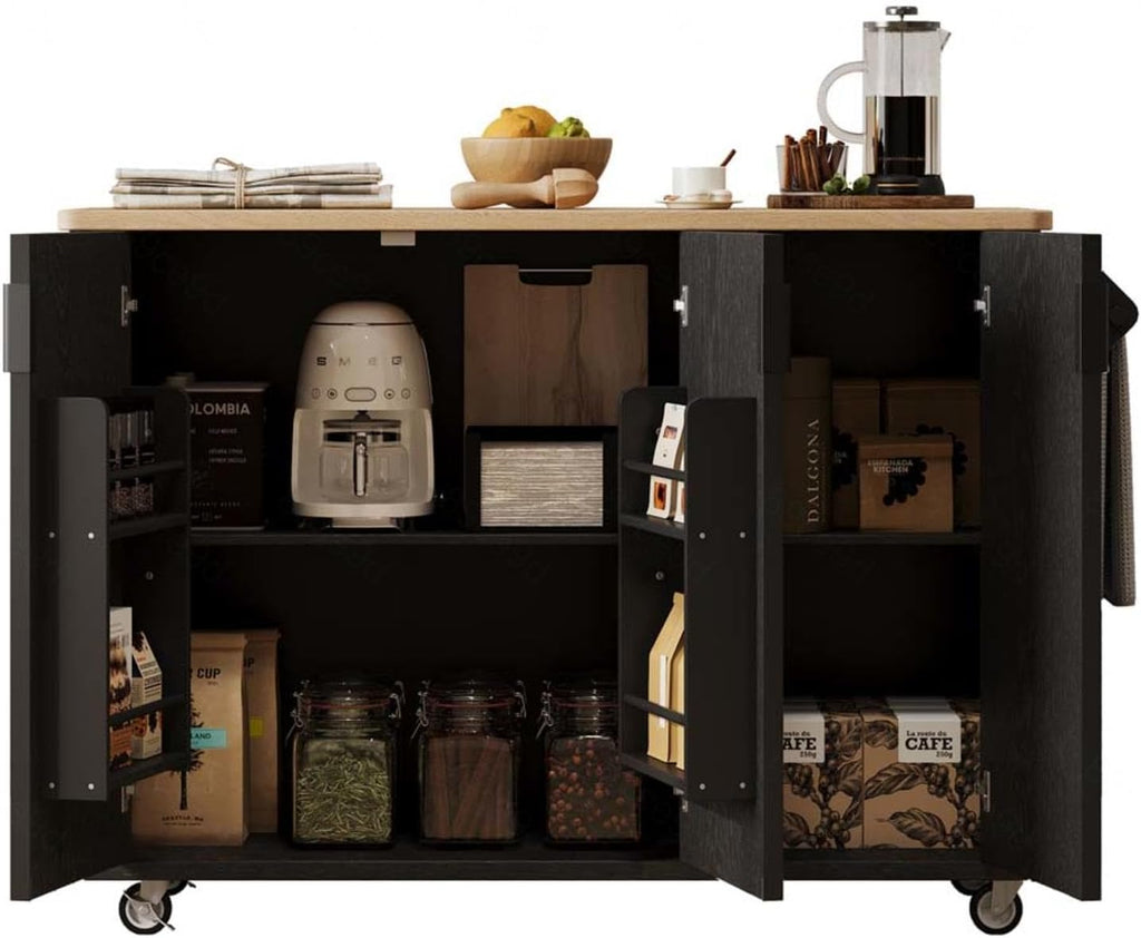 Kitchen Storage Islands and Carts with Drop Leaf Countertop Internal Storage Rack, Black Kitchen Island with Wheels Towel Rack， for Kitchen, Dining Room, Black