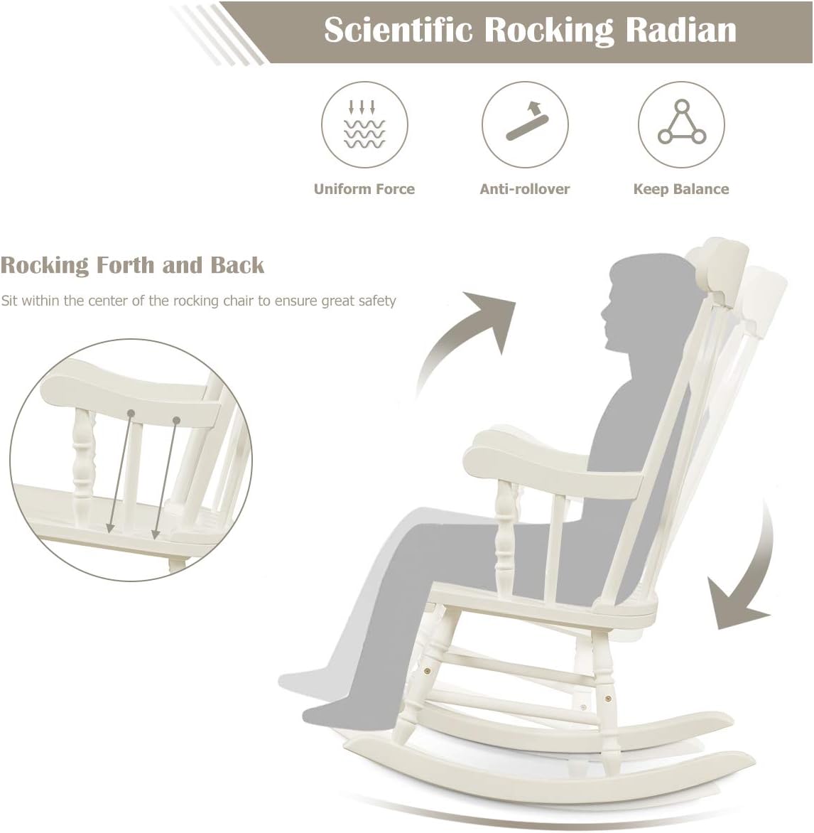 Giantex Outdoor Wood Rocking Chair - Patio Rocking Chair with Solid Rubber Wood Frame, Slat Back, Outside & Indoor Rocker for Garden, Poolside, Balcony, Backyard, Lawn, Front Porch Rocker, White