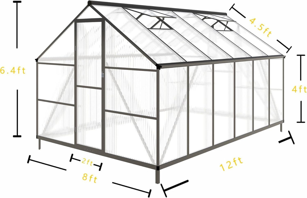 CQZY 8x12 FT Greenhouse for Outdoors, Polycarbonate Greenhouse with Quick Setup Structure and Roof Vent, Aluminum Large Walk-in Green House for Outside Garden Backyard, Dark Gray