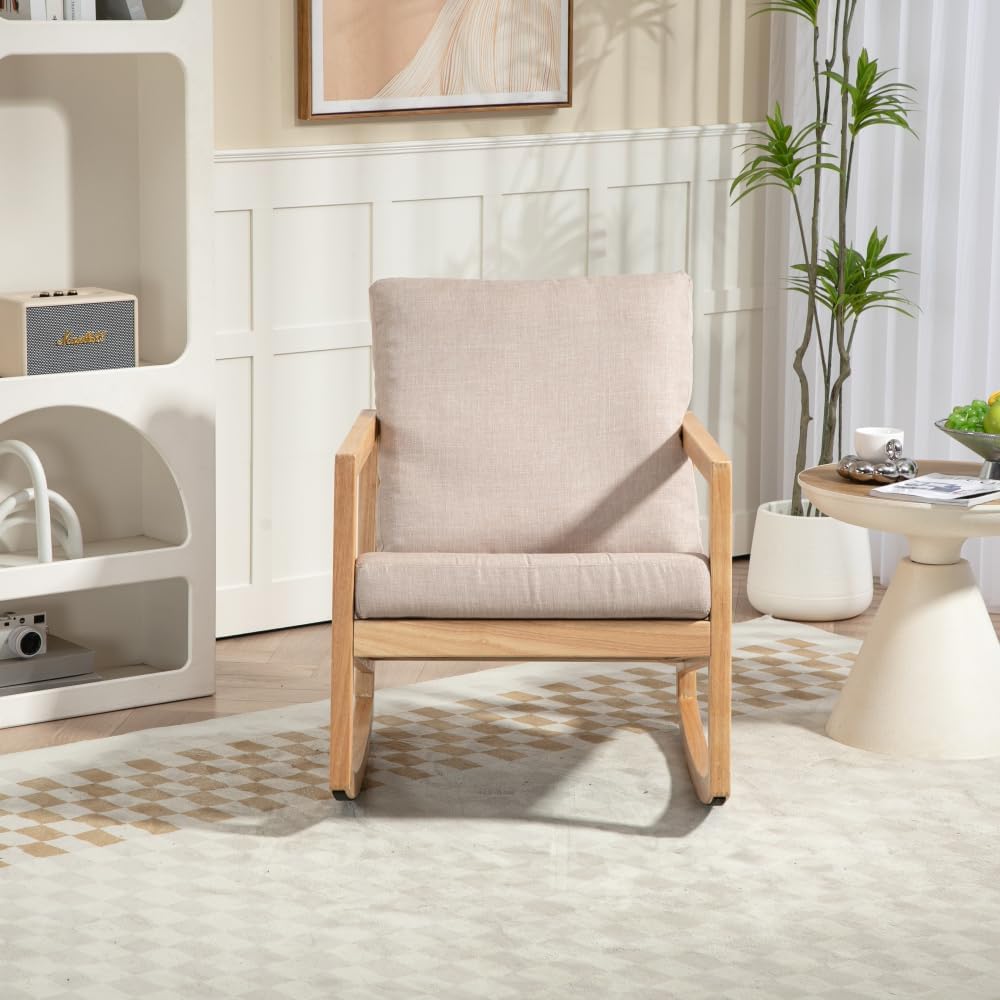 Upholstered Accent Glider Chair,Rubberwood Frame in Natural, Khaki